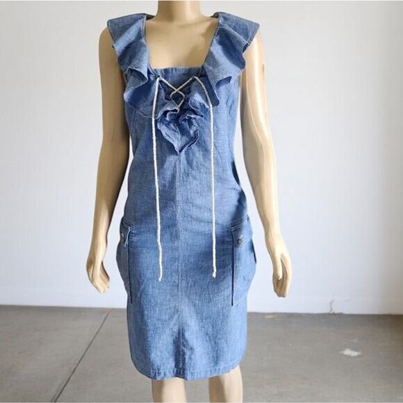 Lauren Ralph Lauren Chambray Denim Dress Size 14 Ruffle Lace Up Knee Length - Picture 2 of 10